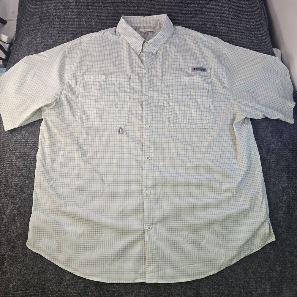 Columbia PFG Omni Shade Short Sleeve Shirt Men XXL Fish Vented White Green Blue